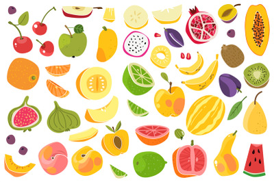 Fruits isolated. Cherry orange peach plum banana melon lime colorful f
