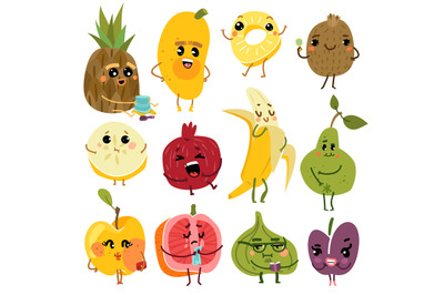 Cute fruits. Fruit funny characters, pineapple kiwi banana pear apple.