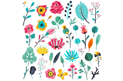 Summer flat flowers. Floral garden flowering plants, nature floral ele