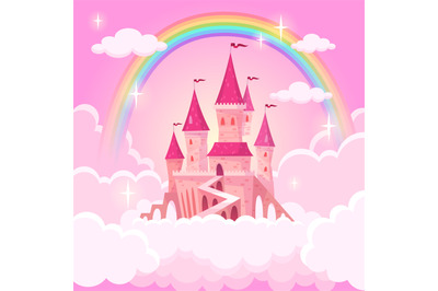 Castle of princess. Fantasy flying palace in pink magic clouds. Fairyt