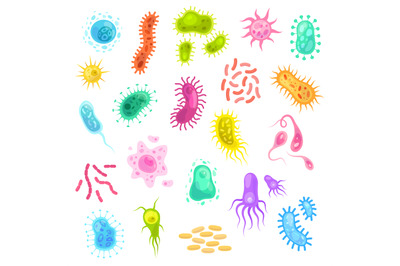 Germs set. Colorful flu virus cells biological microbes amoeba epidemi