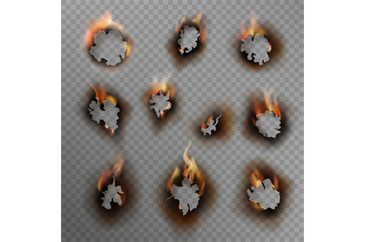 Burnt holes. Scorched paper hole, burned brown edge with flame. Fire i