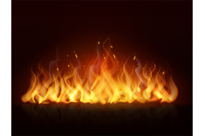 Realistic flame. Burning fiery hot wall, fireplace warm fire, blazing