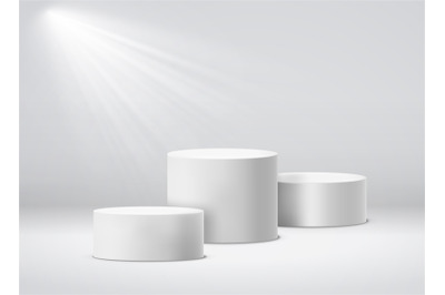 Winners pedestal. White 3d geometric studio podium with spotlights. Em