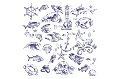 Hand drawn marine set. Sea ocean voyage lighthouse shark crab octopus