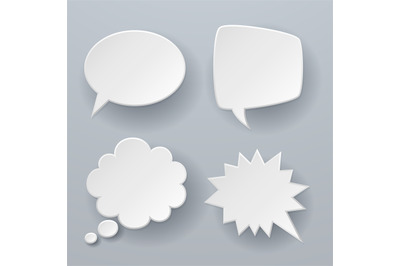 Paper speech bubbles. White origami 3d retro clouds thought chat or di