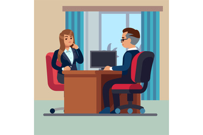 Business office conversation. Sitting businessman consultant and woman