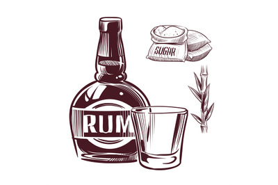 Sketch rum. Retro advertising rum alcohol drink glass and bottle hand