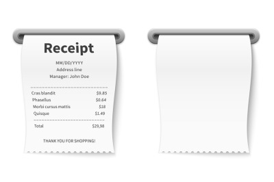 Realistic receipt. Billing commission terminal transaction paper check