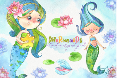 Cute mermaids clipart pack. Watercolor clip art baby shower drawing.