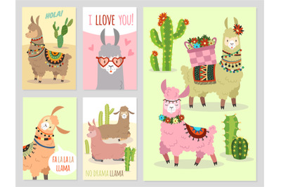 Llama. Baby llamas cute alpaca and cacti wild peru camel, girl party i