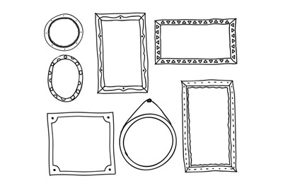 Doodle photo frames. Hand drawn square oval circle picture frames, scr