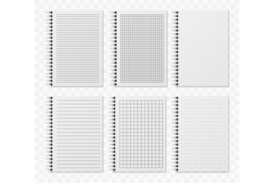 Realistic line notobooks. Blank padded diary sketchbook with dots and