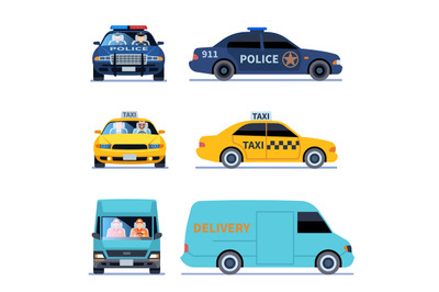 Car view. Delivery truck, police automobile and taxi auto side front v