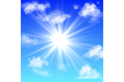 Sunny with clouds. Blue sky with white cloud and sun ray fluffy fog cl