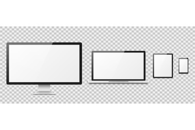 Realistic computer. Computer desktop screen, devices laptop tablet pho