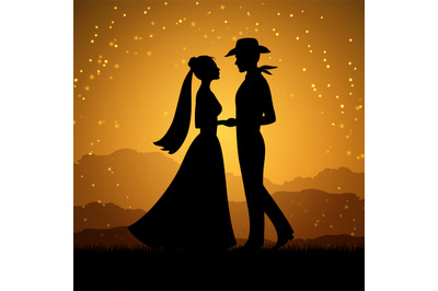 Silhouettes of young woman and cowboy man