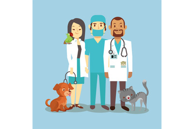 Veterinarian staff with cute pets isolated on blue