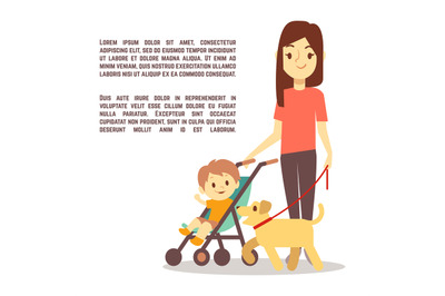 Young mother with baby carriage kid and dog - motherhood poster design