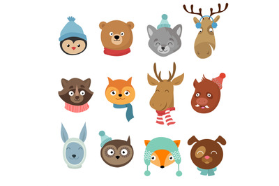 Winter xmas happy animals cartoon characters. Animals heads with necke