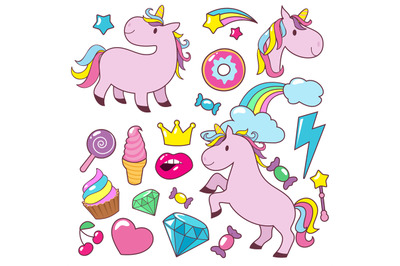 Magic cute unicorns baby horses vector character collection