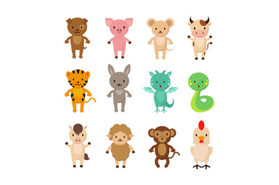 Chinese zodiac animals cartoon vector characters set