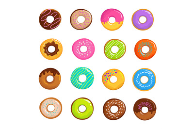 Cartoon glazed sweet donut isolated vector set