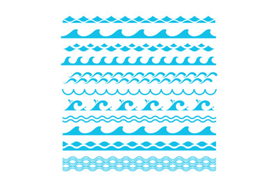 Vector decorative blue sea waves. Water marine symbols set