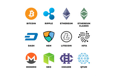 Cryptocurrency bitcoin, litecoin ethereum vector flat icons