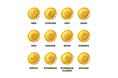 Cryptocurrency gold coins with bitcoin, litecoin ethereum symbols vect