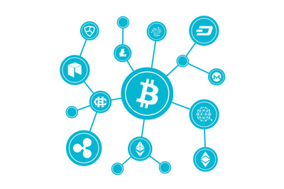 Blockchain blocks with cryptocurrency symbols. Internet money btc mark