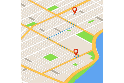 Isometric 3d map with location pins. Gps navigation vector background