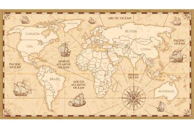 Vector antique world map with countries boundaries