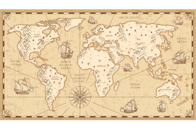 Vintage physical world map with rivers and mountains vector illustrati