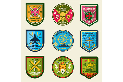 Military patches vector set. Army forces emblems and labels