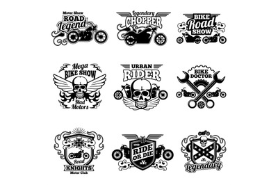 Motorbike club vintage vector patches. Motorcycle racing labels and em