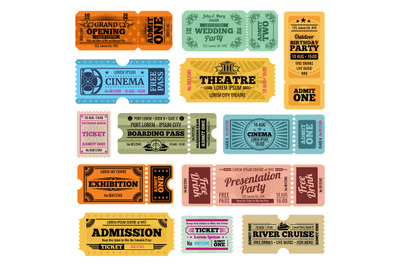 Circus, party and cinema vector vintage admission tickets templates