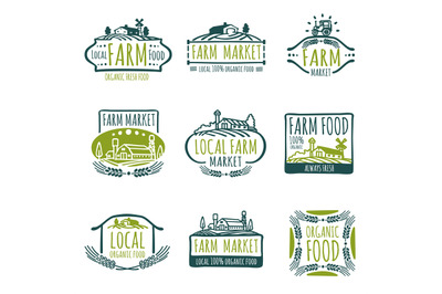 Farm and organic food vector labels. Vintage farmer badges