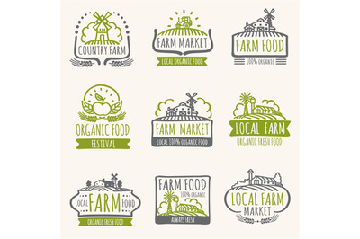 Retro farm market signs. Vintage fresh organic food vector labels with