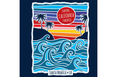 Vintage summer california surfing t shirt print design vector illustra