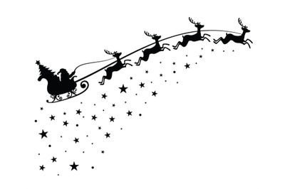 Santa Claus on sleigh flying sky with deers black vector silhouette fo