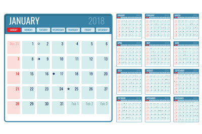 Vector monthly calendar template 2018 year