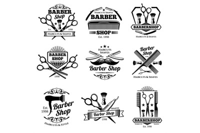 Vintage barbershop vector emblems and labels. Barber badges and logos