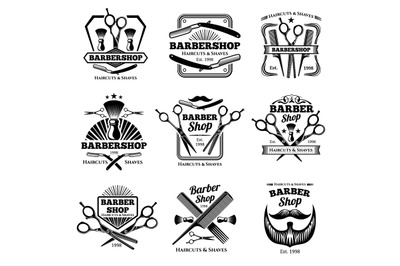 Retro barber shop vector badges. Modern haircut salon labels and haird