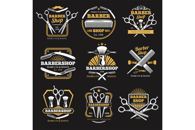 Old barbershop vector emblems and labels. Vintage male haircut signs