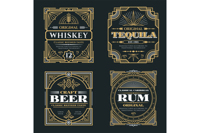 Vintage whiskey and alcoholic beverages vector labels in art deco retr