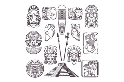 Monochrome pictures set of mayan culture symbols. Tribal masks and tot