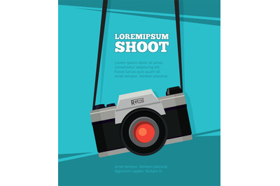 Poster with illustration of retro photo camera. Design template with p