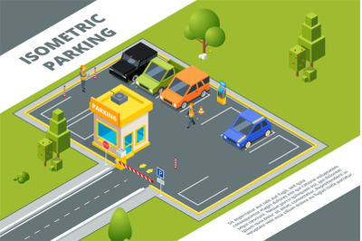 Isometric illustrations of urban paid parking with various cars