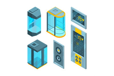 Isometric pictures set of glass elevators with steel buttons